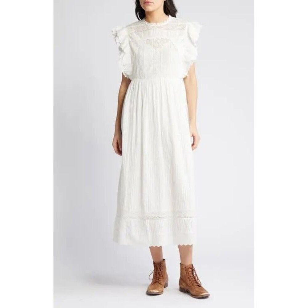 The Great. Trellis Midi Dress Ruffle Eyelet Embroidered Lace Cotton S-1 279877